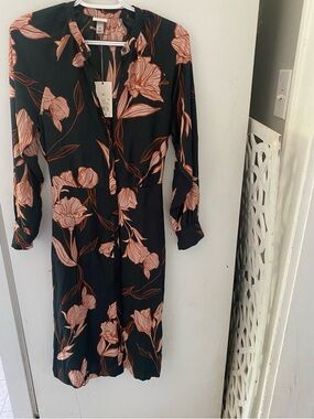 Womens Black Floral Button-Front Midi Dress - Pink Bloom